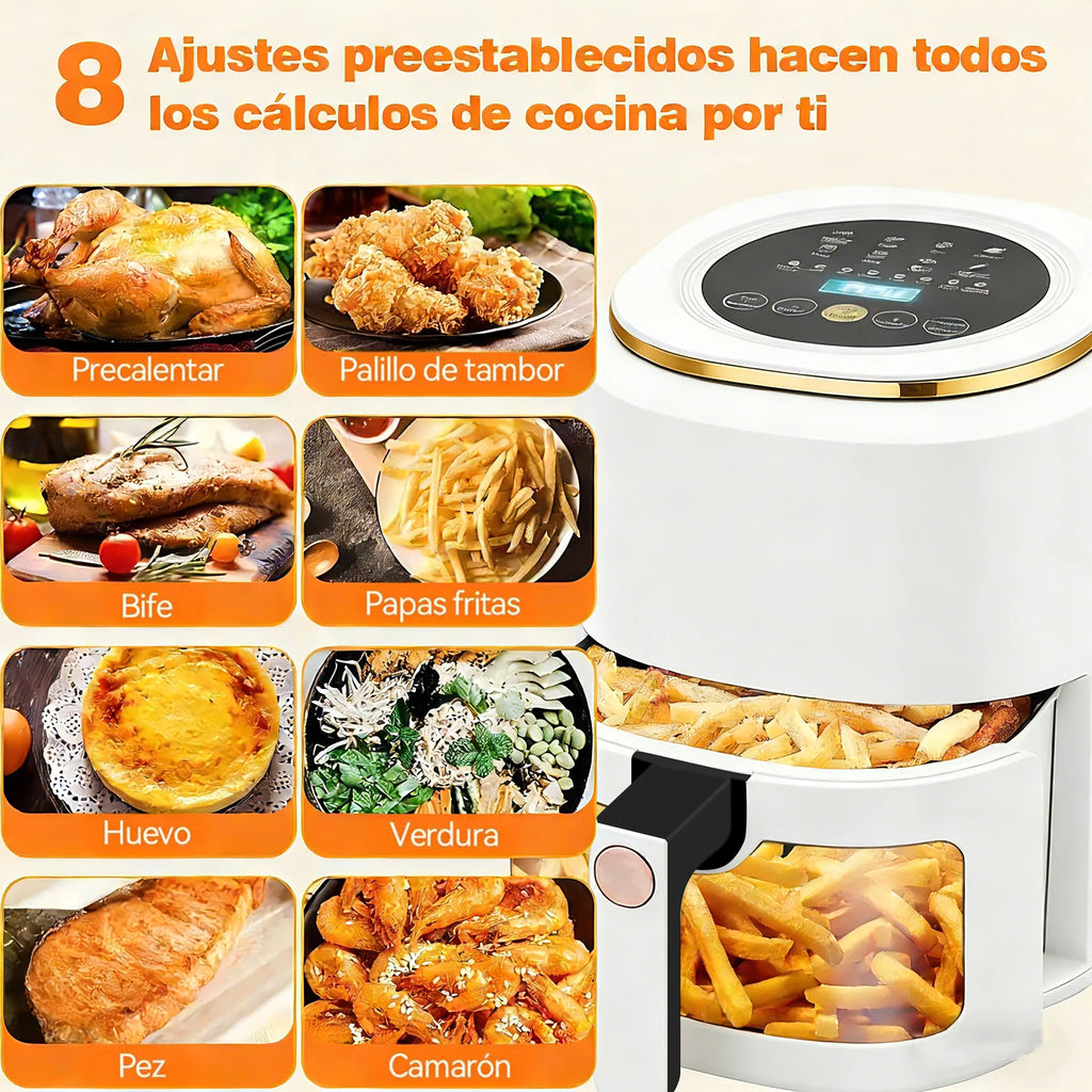 Freidora de Aire 7.5L XXL con Ventana Visual, 10 Programas Automáticos, Cocción Sin Aceite 360°, Antiadherente, Temporizador, Ideal para Pollo/Papas/Pizza, Hogar y Oficina.