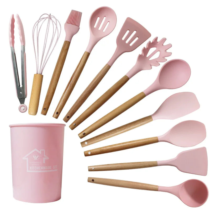 12 piezas Conjunto de utensilios de cocina de silicona,Juego de utensilios de cocina de silicona, juego de gadgets de cocina, 12 piezas raspador de vajilla antiadherente, alicates, pala, cepillo, pala de pasta, adecuad