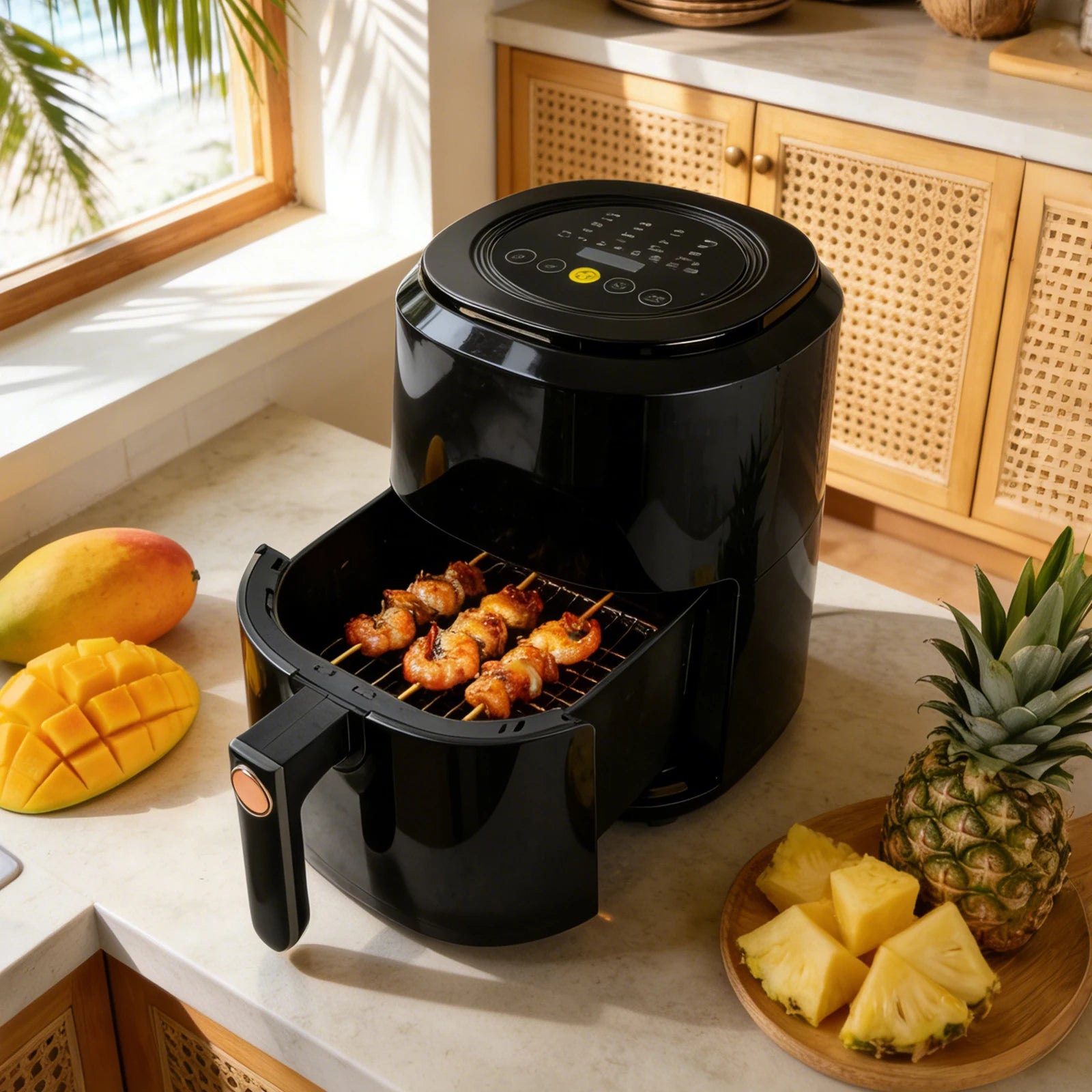 Freidora de Aire 7.5L con Ventana Visual, 10 Programas Automáticos, Cocción Sin Aceite 360°, Antiadherente, Temporizador, Ideal para Pollo/Papas/Pizza, Hogar y Oficina.