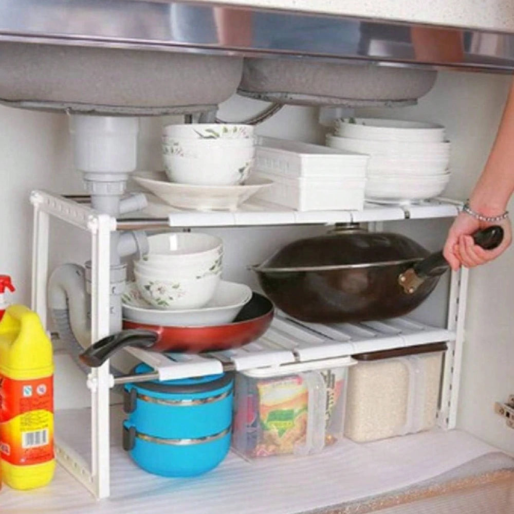 Estante ajustable de 2 niveles para debajo del fregadero, organizador de cocina, pequeños recipientes de almacenamiento