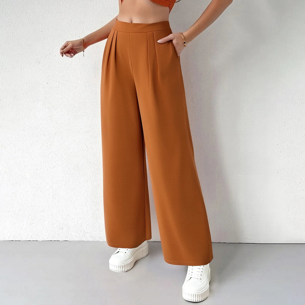 Pantalones de mujer minimalistas de cintura alta y pierna ancha para oficina,con bolsillos laterales plisados,adecuada para uso diario
