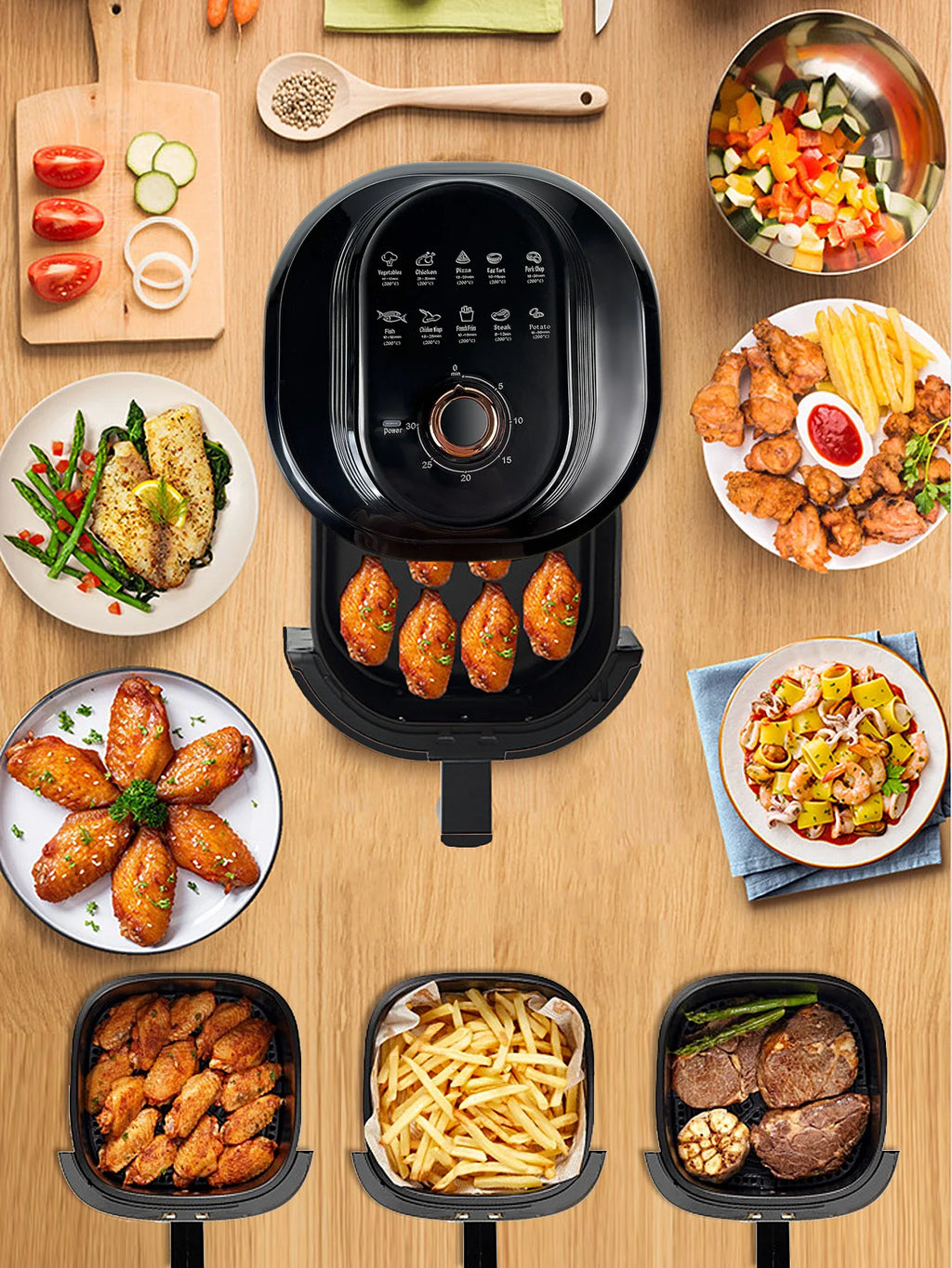 Freidora de Aire 7.5L con Ventana Visual, 10 Programas Automáticos, Cocción Sin Aceite 360°, Antiadherente, Temporizador, Ideal para Pollo/Papas/Pizza, Hogar y Oficina.