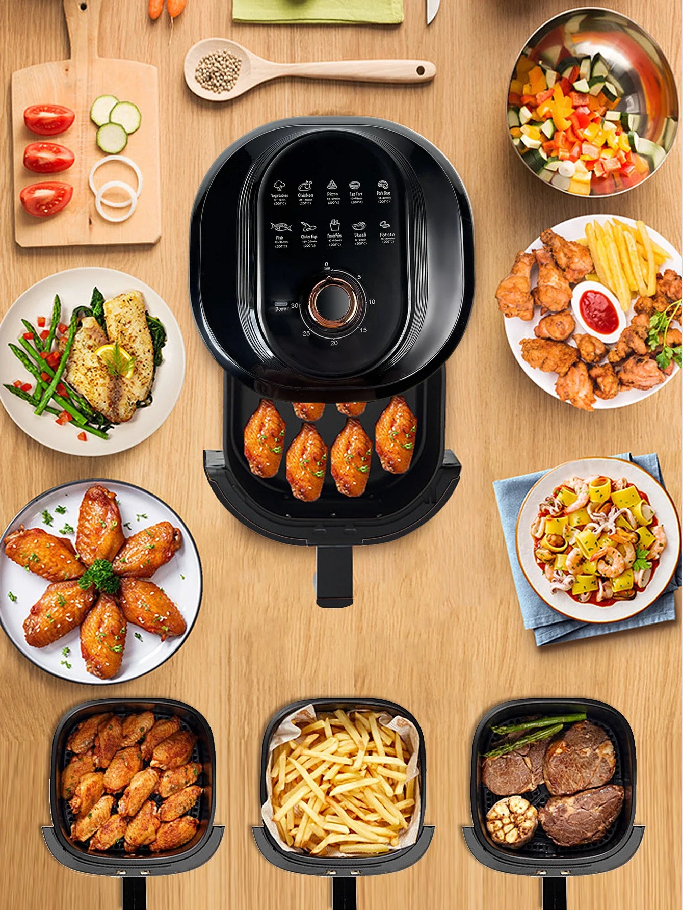 Freidora de Aire 7.5L con Ventana Visual, 10 Programas Automáticos, Cocción Sin Aceite 360°, Antiadherente, Temporizador, Ideal para Pollo/Papas/Pizza, Hogar y Oficina.