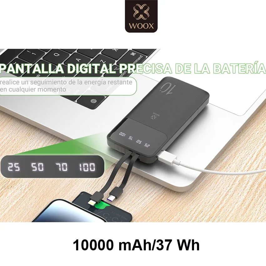Batería Externa Portátil de 10000mAh con Cable USB-A/Micro/Tipo C/IP con Pantalla de 4 Pulgadas para iPhone 16 y Android