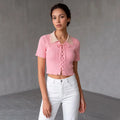 Blusa de Manga Corta Para Dama  en Tejido de Canalé con Cuello Polo y Agujetado Frontal