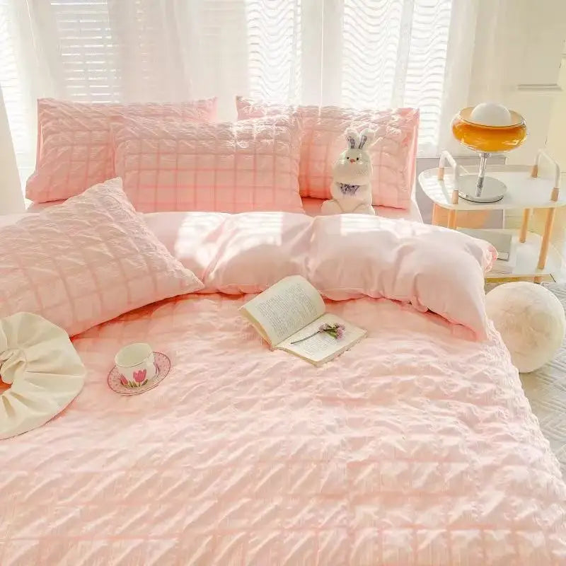 Juego de 3 piezas de 1,35 m Juego de cama individual Seersucker de Color sólido, adecuado para dormitorio de mujer, apartamento, individual, doble, Ins, viento dulce