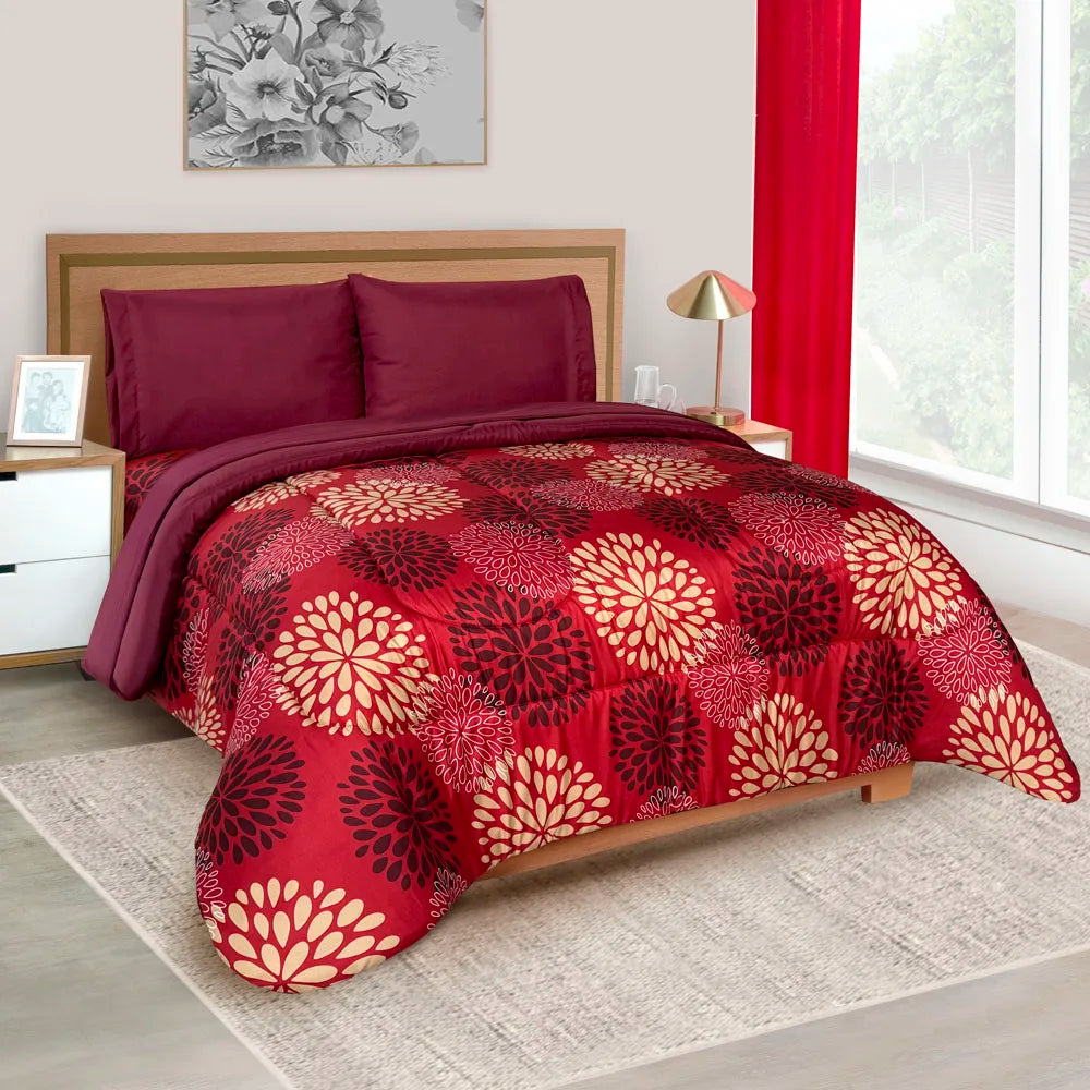 Edredón con sábanas Arezzo rojo-Opalo negro-Titanio verde Matrimonial y king size Elefantito Hogar