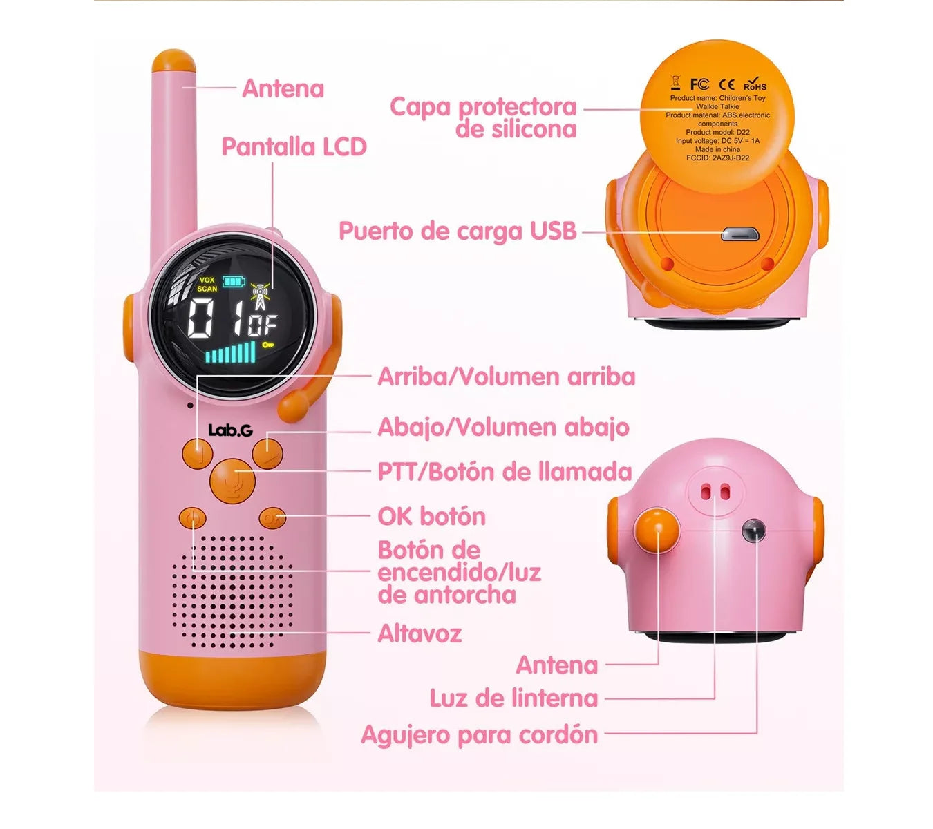 2 Radios Walkie Talkie Lab.G Para Niños, Recargable+pantalla Lcd Azul y Rosa