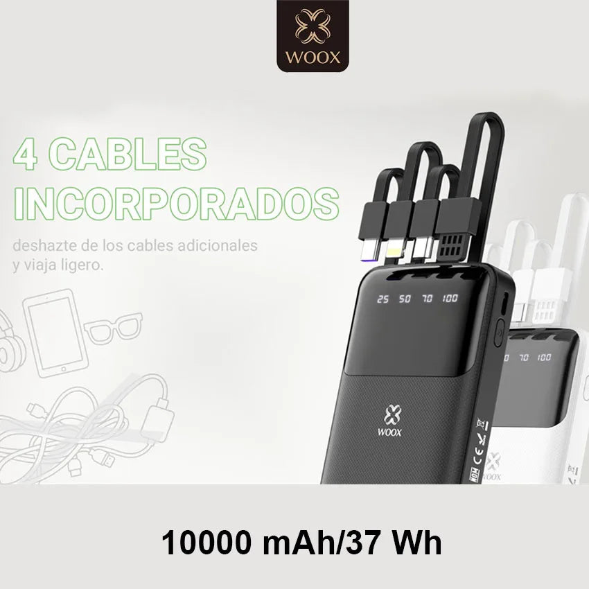 Batería Externa Portátil de 20000mAh/10000mAh con 4 Cables Integrados, Pantalla Digital, 74Wh, para iPhone 16 17 Huawei Xiaomi