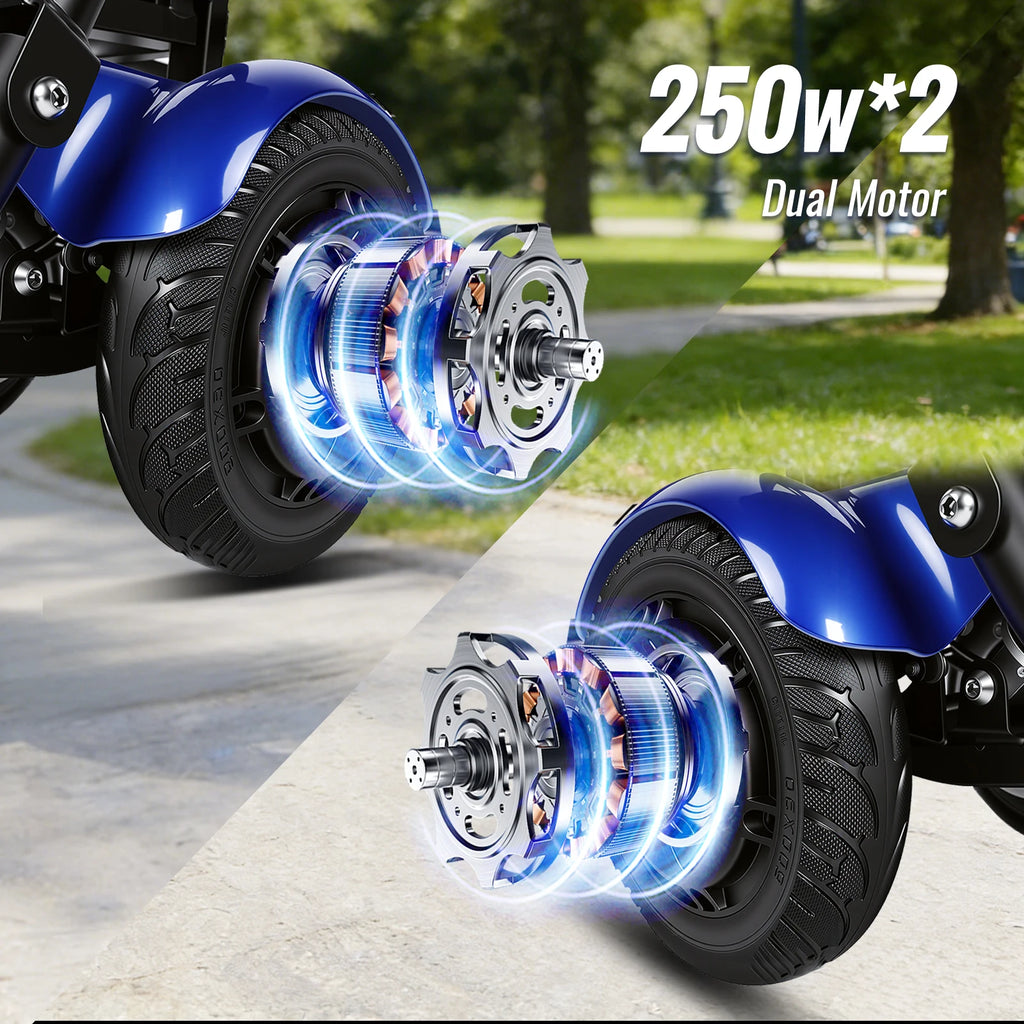 SUNNIGO Scooter Eléctrico Todoterreno de 4 Ruedas, Motor Dual de 500W, Batería de Litio de 36V 18Ah, Ligero, Plegable, Asiento Ajustable, Neumáticos Antideslizantes, Sistema de Frenos Seguro, Cómodo, Largo Alcance de 50km