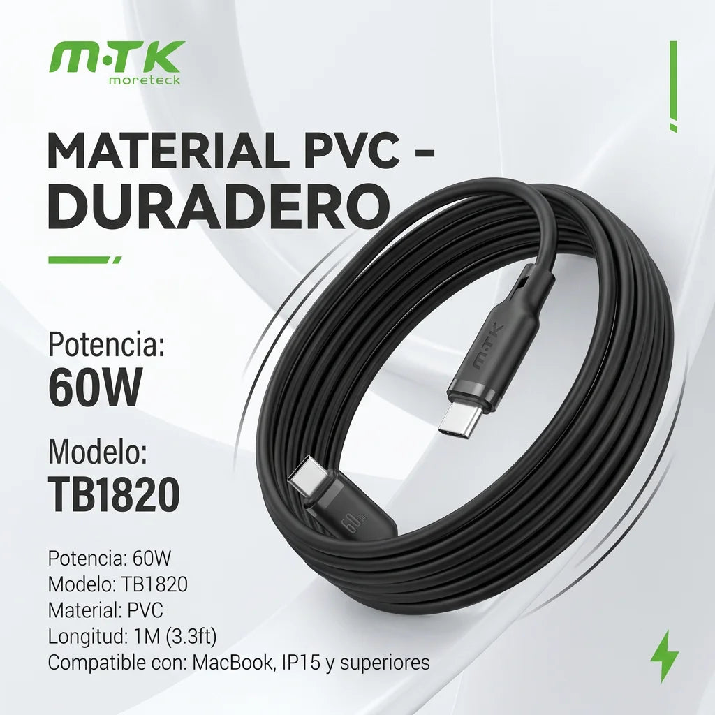 60W Cable USB C 1M Carga Rápida Trenzado – Compatible con iPhone 16/15, Galaxy S24/S23, Pixel, MacBook Air/Pro, iPad Pro, CarPlay, Android Auto (Blanco/Nergo)