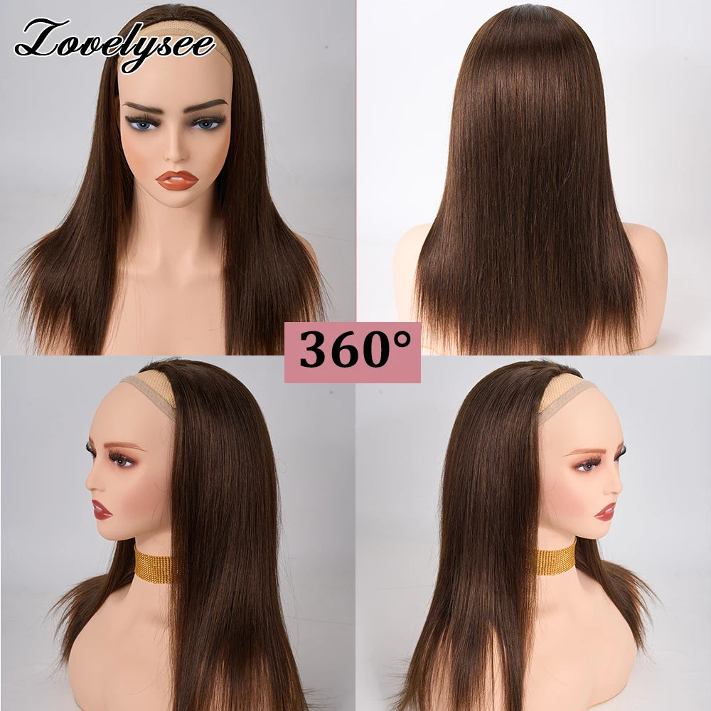 Lovelysee 3/4 media peluca de cabello humano con Clip en extensiones de cabello cabello Remy liso sedoso Color marrón suave 150% 180% peluca para mujeres