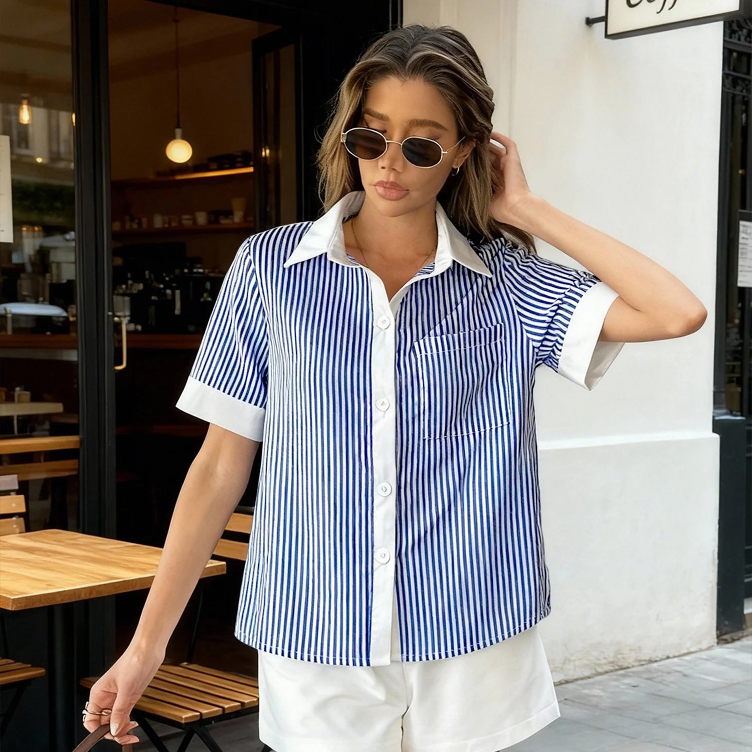 Elegantes Blusas Para Juvenil Mujer A Rayas Con Botón Delantero,Camisas De Vestir De Manga Corta