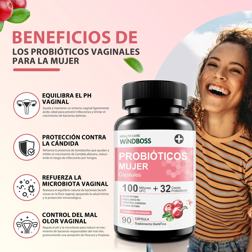 Windboss Probióticos para la Salud Íntima de la Mujer – 100 Mil Millones UFC – 32 Cepas – Con Arándano, Prebióticos y Vitamina C – Apoya el Equilibrio Femenino – 90 Cápsulas