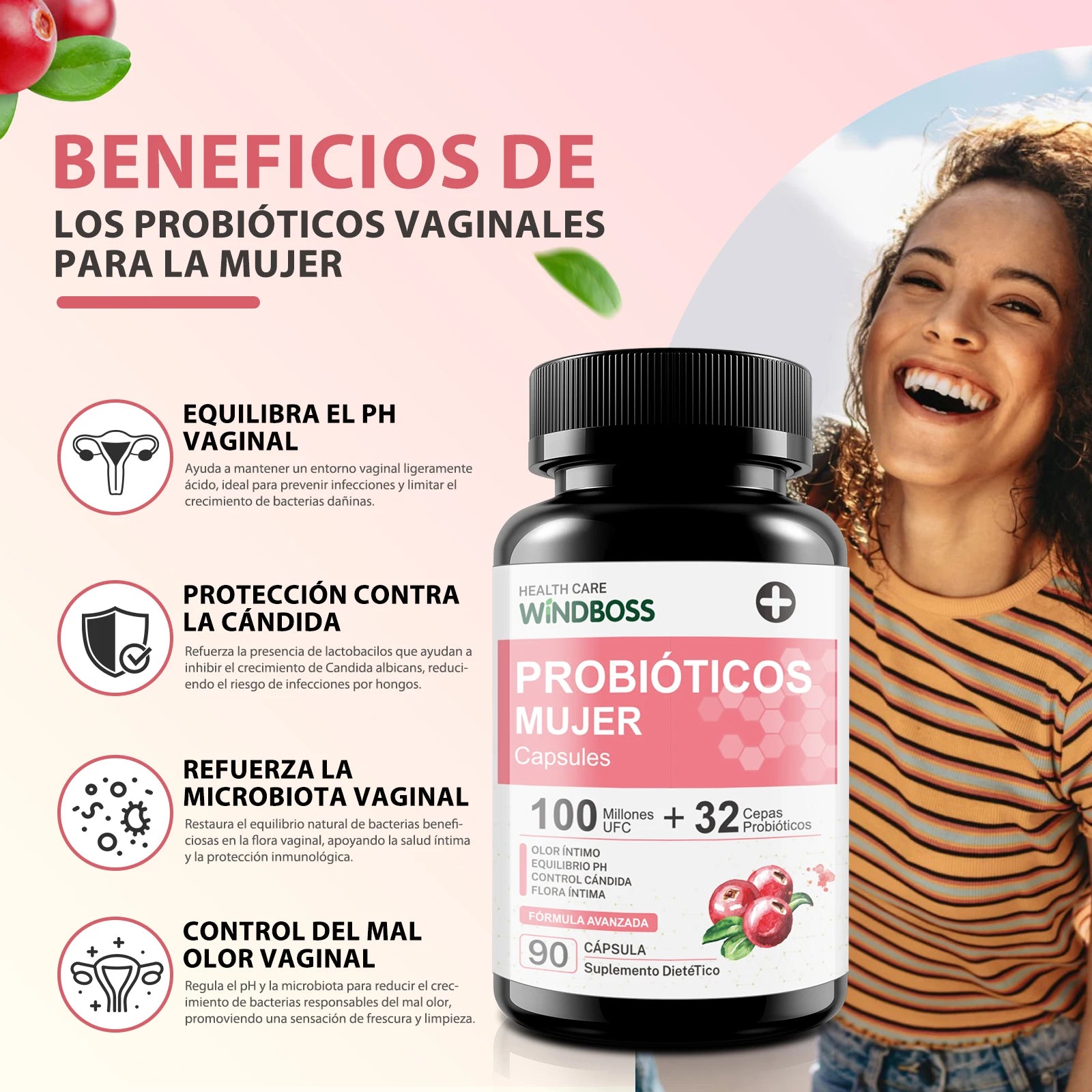 Windboss Probióticos para la Salud Íntima de la Mujer – 100 Mil Millones UFC – 32 Cepas – Con Arándano, Prebióticos y Vitamina C – Apoya el Equilibrio Femenino – 90 Cápsulas