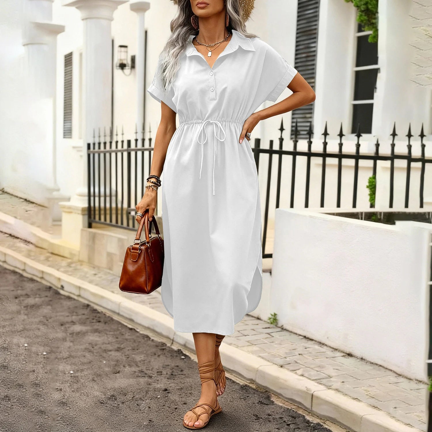 Vestidos Camisero Elegantes Para Mujer Con Botones Y Mangas Enrolladas,Vestido Casuales De Verano Para Todos Los Días