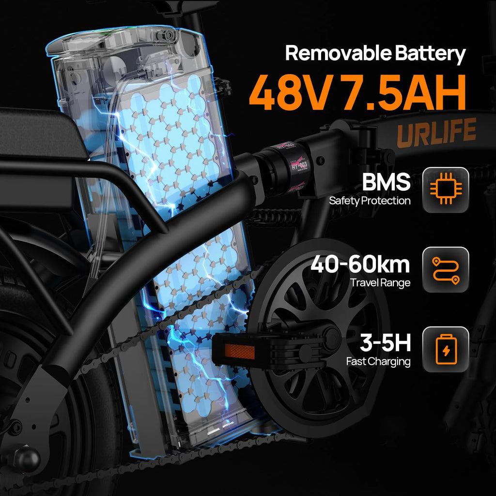 Urlife E-Bike 14 pulgadas plegable 500W 48V 7.5Ah extraíble y carga rápida 40 millas suspensión delantera hidráulica frenos de disco duales Naviga