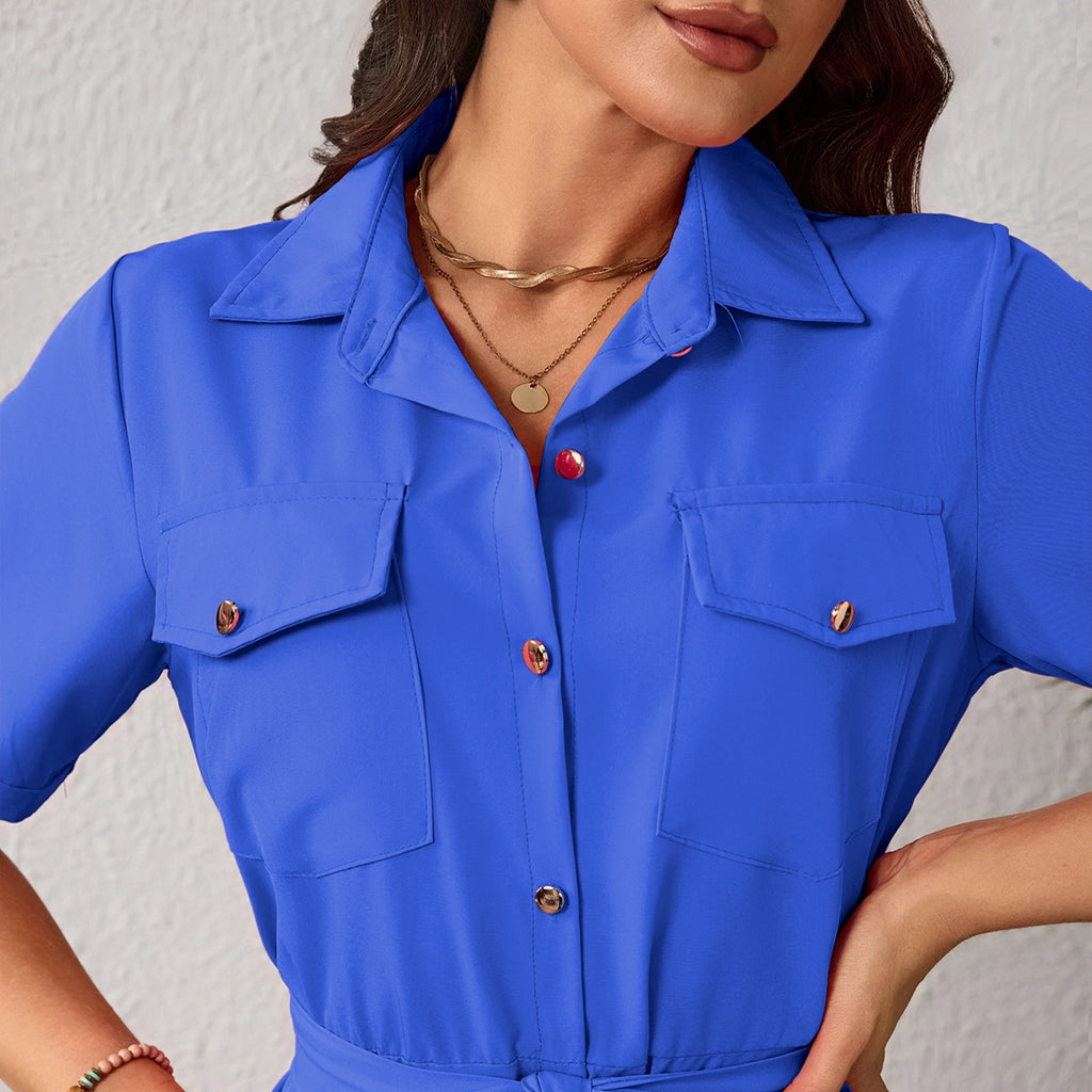 Vestido Camisero Elegante Para Mujer,Vestido De Color Liso,Vestido De Manga Corta,Vestido Con Cinturón De Tela,Vestido Cuello Camisero,Vestido Con Botones Delanteros