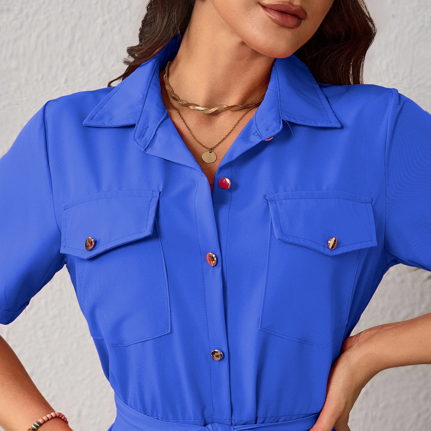 Vestido Camisero Elegante Para Mujer,Vestido De Color Liso,Vestido De Manga Corta,Vestido Con Cinturón De Tela,Vestido Cuello Camisero,Vestido Con Botones Delanteros