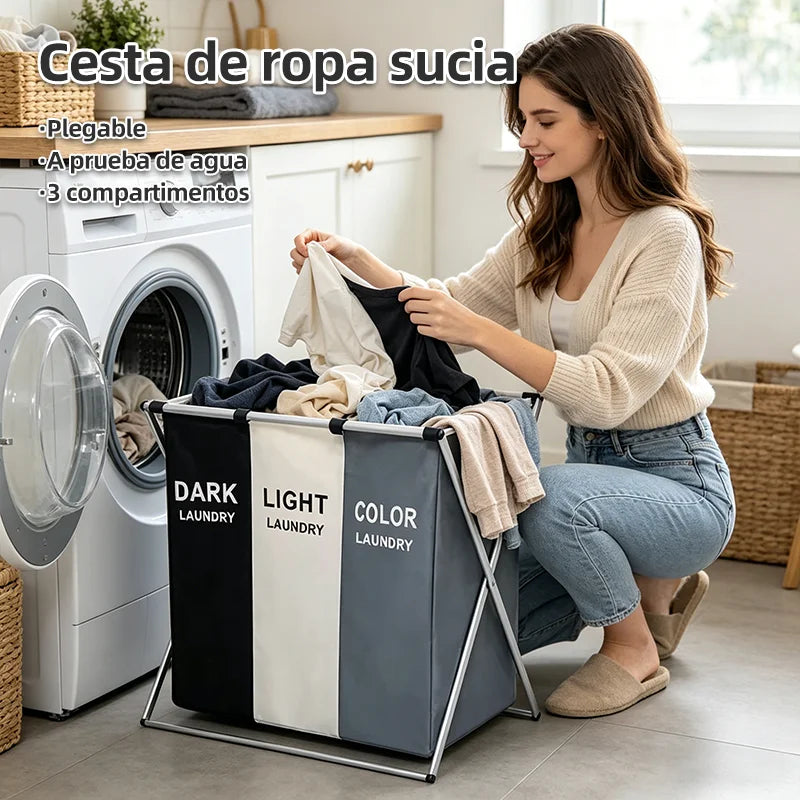 Cesta de Ropa Sucia Plegable Impermeable con 3 Compartimentos, Bolsa de Almacenamiento Organizador para Lavandería