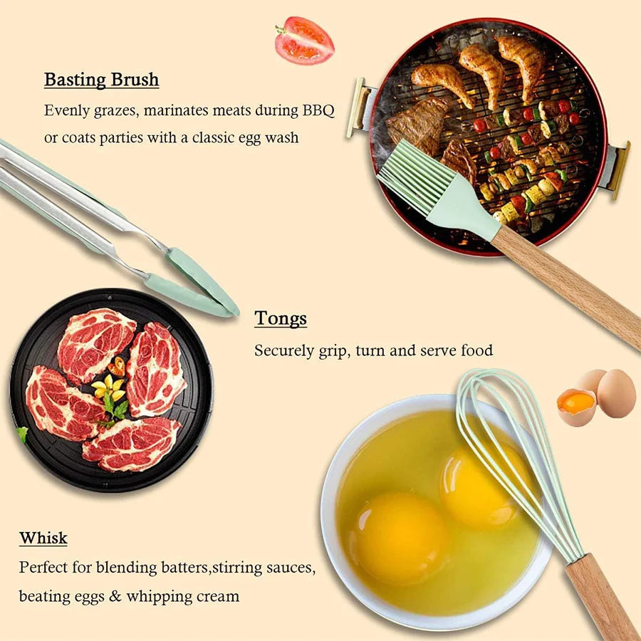 12 piezas Conjunto de utensilios de cocina de silicona,Juego de utensilios de cocina de silicona, juego de gadgets de cocina, 12 piezas raspador de vajilla antiadherente, alicates, pala, cepillo, pala de pasta, adecuad