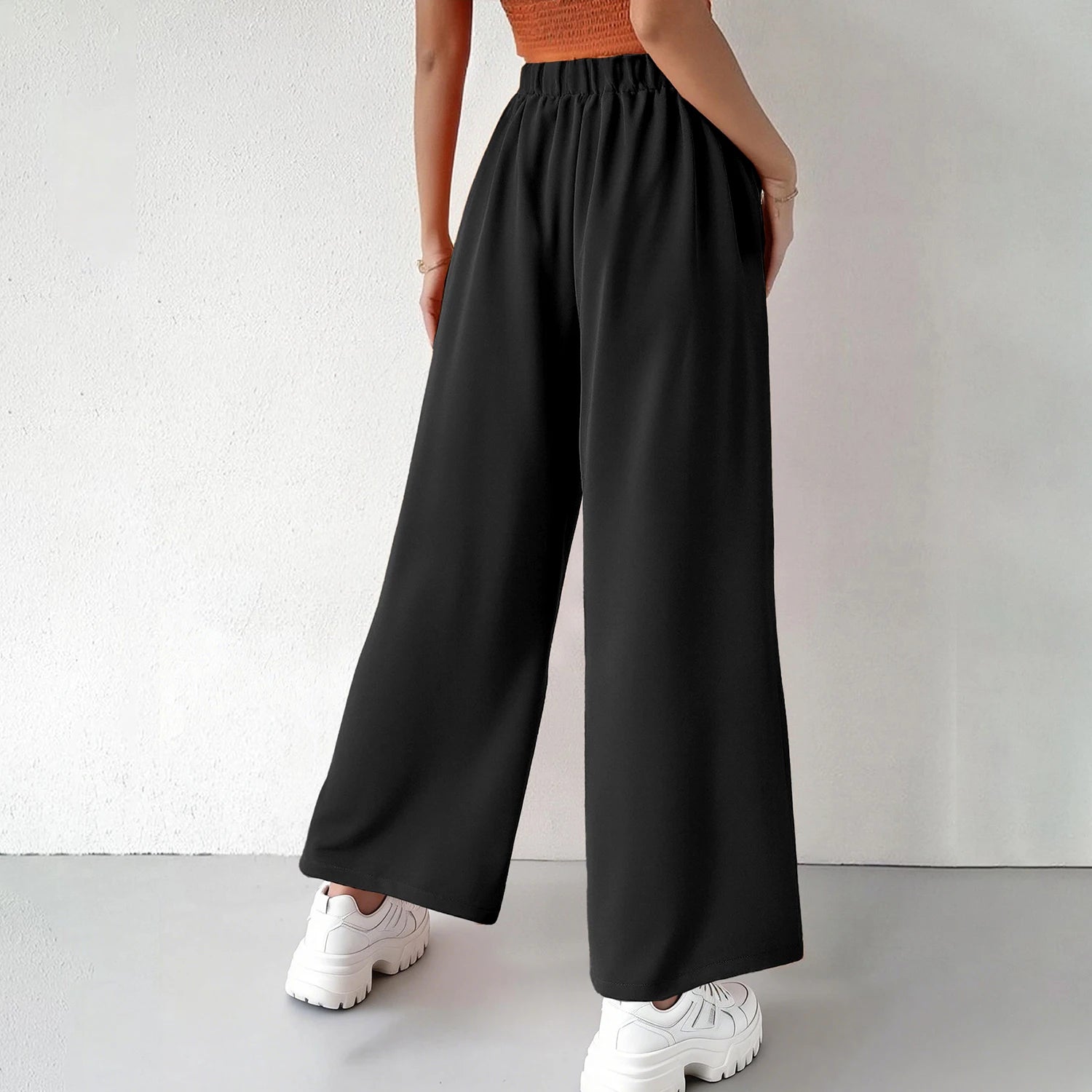Pantalones de mujer minimalistas de cintura alta y pierna ancha para oficina,con bolsillos laterales plisados,adecuada para uso diario