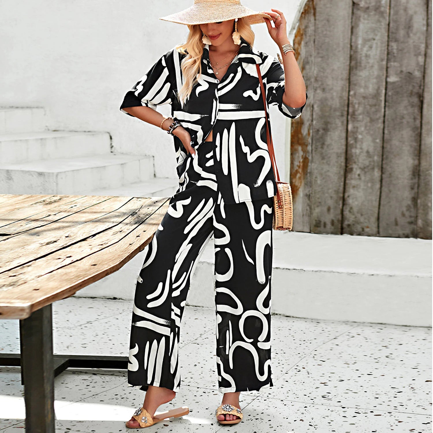 Elegante Conjunto De Dos Piezas Con Estampado De Graffiti Para Mujer,Blusa Abierta Delantera Con Mangas Cortas y Pantalones De Pierna Ancha