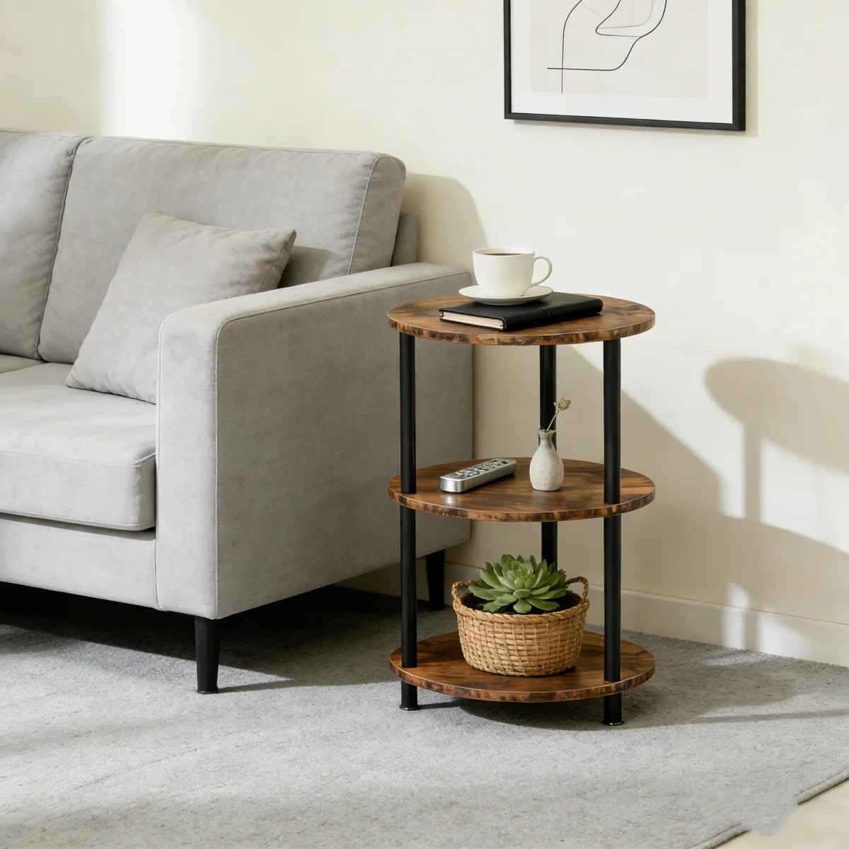Mesita Auxiliar Redonda Mini, Mesita de Madera de 3 niveles , Ideal como Mesa de Centro, Mesita Lateral de Sofá y Mesita de Noche, 33.5X33.5cm