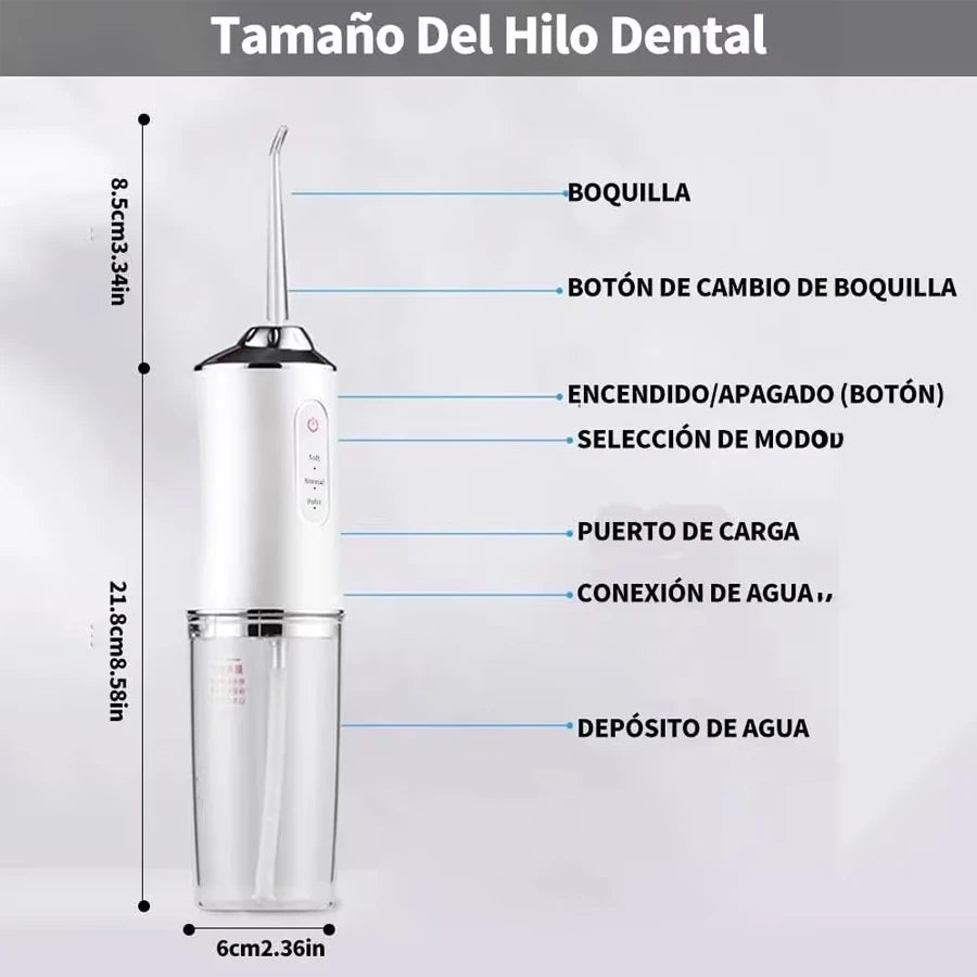 Este enjuague bucal eléctrico recargable tiene 5 boquillas y una puerta usb. El diseño de varias boquillas elimina eficazmente las placas y el mal aliento. Para todos los usuarios, este dispositivo de hilo dental es un