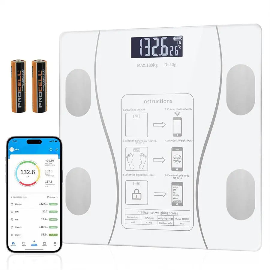 Báscula de Peso Digital LED Inalámbrica Inteligente, Bluetooth Analizador de Grasa y Composición Corporal, Báscula de Salud Personal Hogar