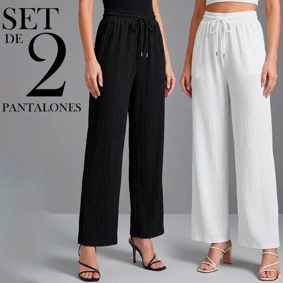 Kit de 2 Pantalones de Lino/Rayón Tipo Palazzo - Cintura Alta con Cordón - Set Elegante