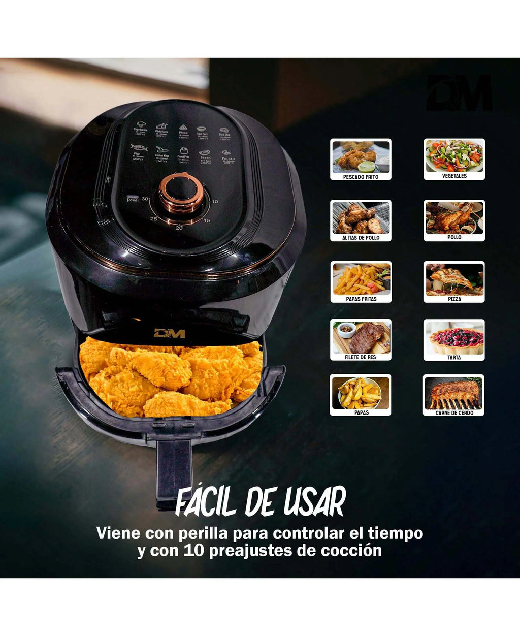Freidora de Aire 7.5L con Ventana Visual, 10 Programas Automáticos, Cocción Sin Aceite 360°, Antiadherente, Temporizador, Ideal para Pollo/Papas/Pizza, Hogar y Oficina.