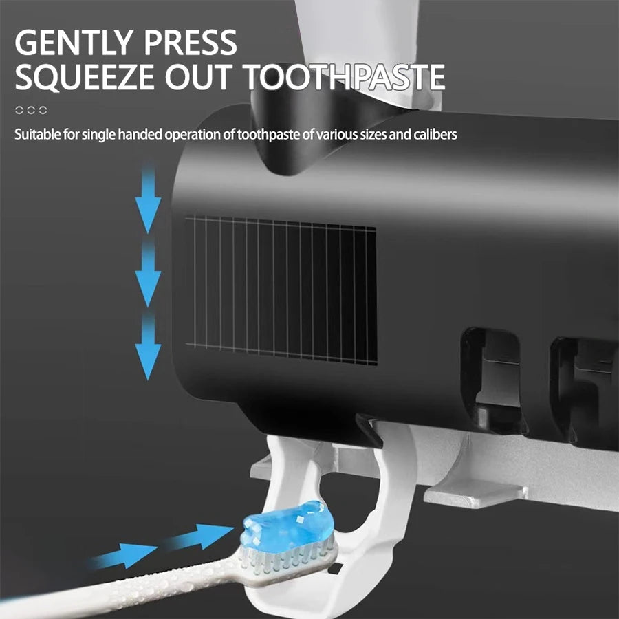 1 soporte de cepillo de dientes de pared con distribuidor automático de pasta de dientes de gas, se puede instalar sin perforación, accesorio de baño multifuncional, ahorro de espacio