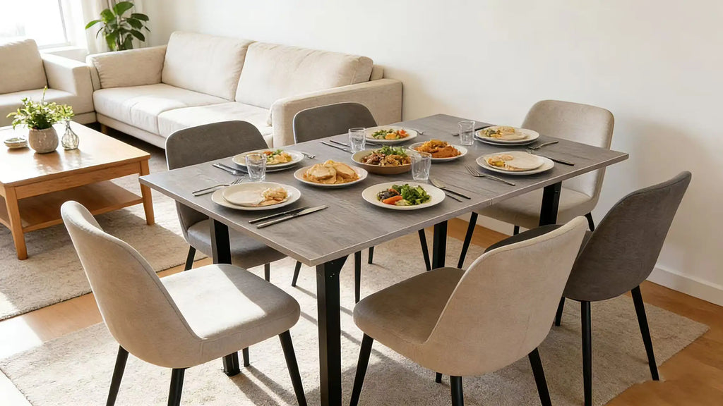 Mesa Comedor Rectangular Extensible para 4-6 Personas, Tapa Madera Negra con Revestimiento Polvo Negro en Patas Metal, Mesa Comedor Grande con Hoja Extensible Separada Mesa de Escritorio con Superficie Plegable