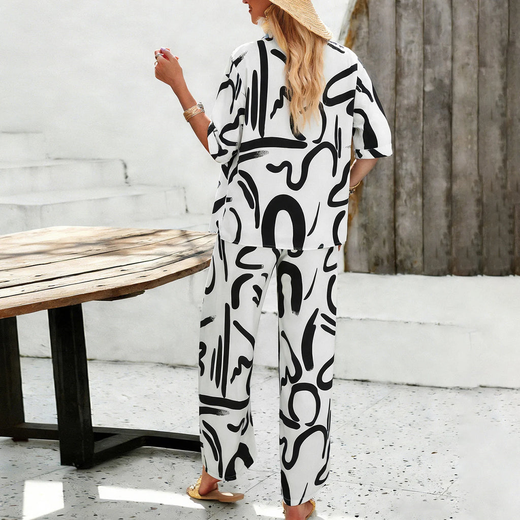 Elegante Conjunto De Dos Piezas Con Estampado De Graffiti Para Mujer,Blusa Abierta Delantera Con Mangas Cortas y Pantalones De Pierna Ancha