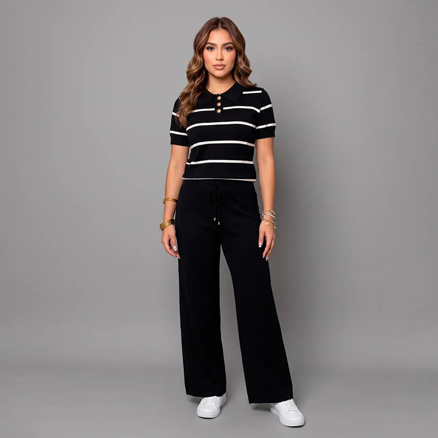 Conjunto de Dos Piezas "Aesthetic Sailor" – Blusa Polo a Rayas y Pantalón Wide Leg