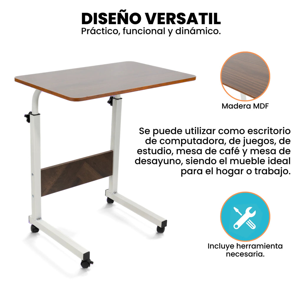 Escritorio Móvil Ajustable con Ruedas, Mesa Auxiliar Multifuncional para Hogar y Oficina, Altura Regulable, Diseño Compacto y Portátil para Trabajar, Estudiar o Usar la Laptop en Cualquier Espacio