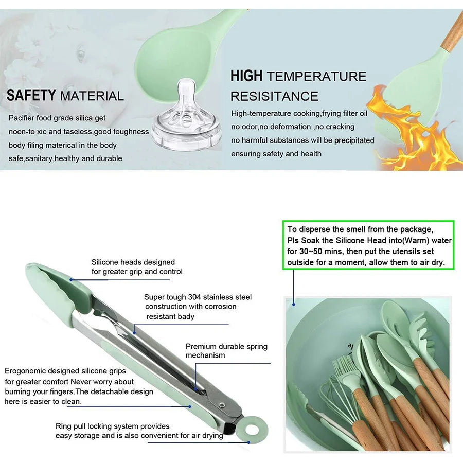 12 piezas Conjunto de utensilios de cocina de silicona,Juego de utensilios de cocina de silicona, juego de gadgets de cocina, 12 piezas raspador de vajilla antiadherente, alicates, pala, cepillo, pala de pasta, adecuad