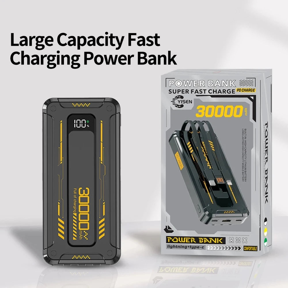 Power Bank Batería Portátil 30000mah YISEN Carga rápida de 22.5w 3 cables incorporados con luz LED