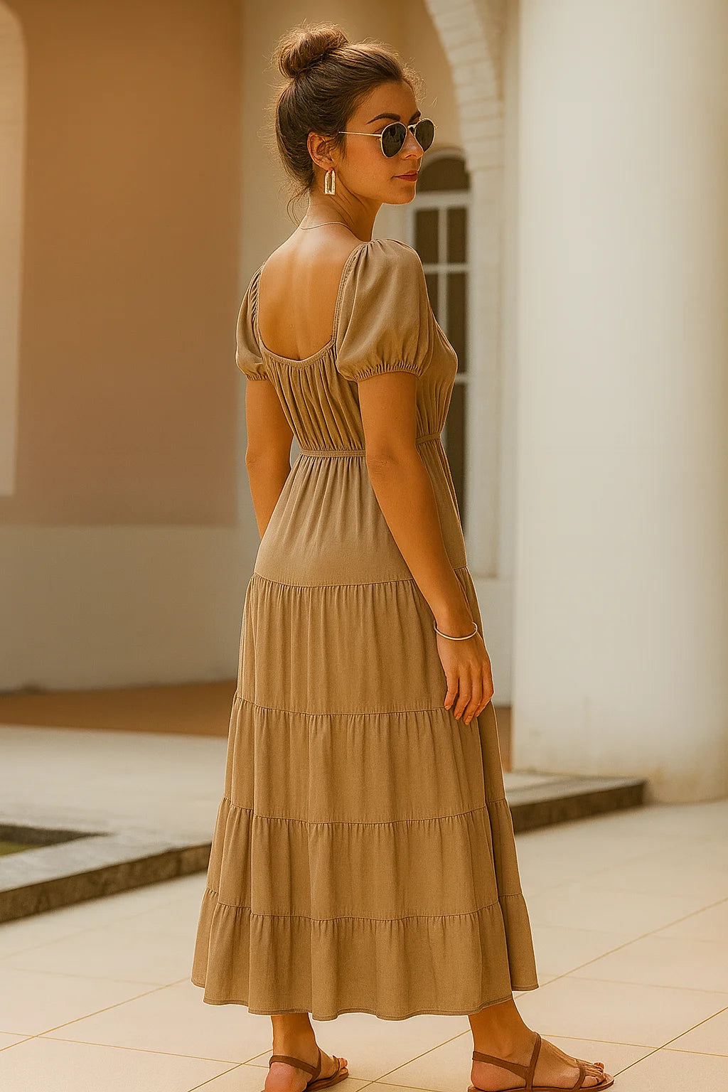 Vestido maxi beige con falda en capas y estilo romántico