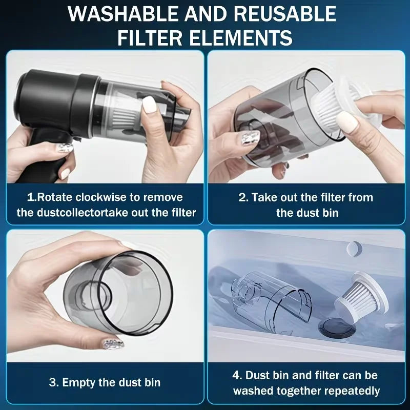 Aspiradora inalámbrica portátil para automóviles, ligera y fácil de transportar, con boquilla angular ideal para limpiar hogares y vehículos, compatible con carga USB y equipada con batería de polímero de litio.