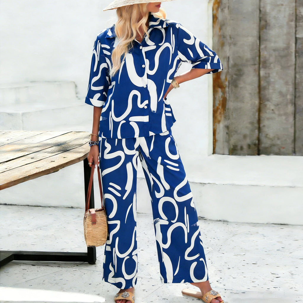Elegante Conjunto De Dos Piezas Con Estampado De Graffiti Para Mujer,Blusa Abierta Delantera Con Mangas Cortas y Pantalones De Pierna Ancha