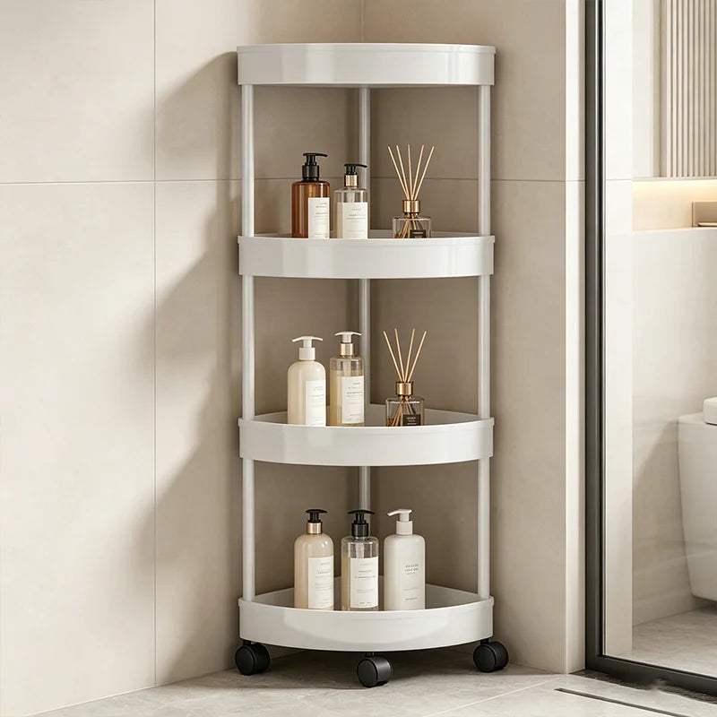 Carrito Esquinero Organizador 4 Niveles, Estante de Almacenamiento con Ruedas 360°, Estante Multiusos para Baño Cocina Hogar, Gran Capacidad Ahorrador de Espaque Resistente