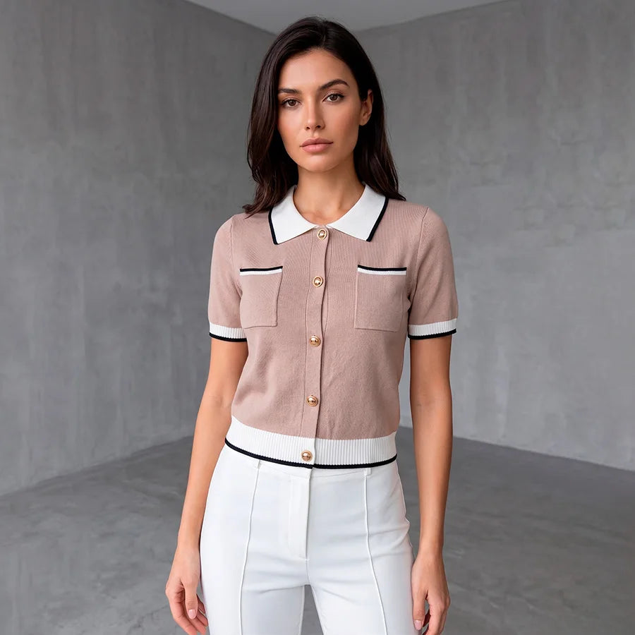 Blusa Tipo Polo De Tejido De Punto Con Botones Y Bolsillos Elegante Casual