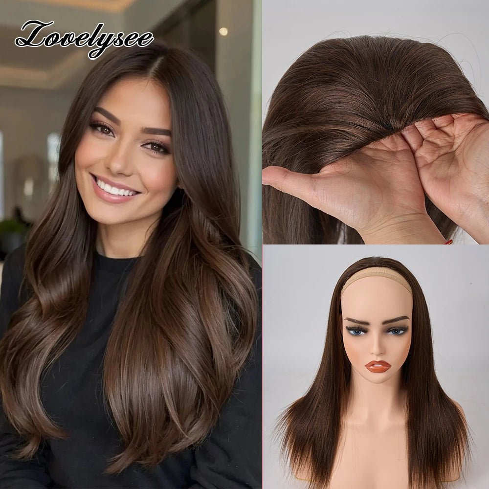 Lovelysee 3/4 media peluca de cabello humano con Clip en extensiones de cabello cabello Remy liso sedoso Color marrón suave 150% 180% peluca para mujeres
