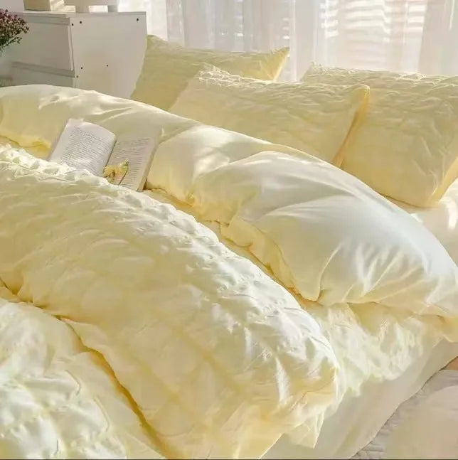 Juego de 3 piezas de 1,35 m Juego de cama individual Seersucker de Color sólido, adecuado para dormitorio de mujer, apartamento, individual, doble, Ins, viento dulce