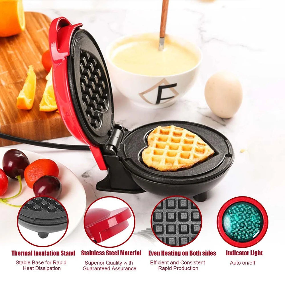 Mini Máquina Eléctrica de Waffles con Diseño "Amor", Tamaño 5 Pulgadas Portátil, Multiusos para Preparar Waffles, Sándwiches y Desayunos Caseros
