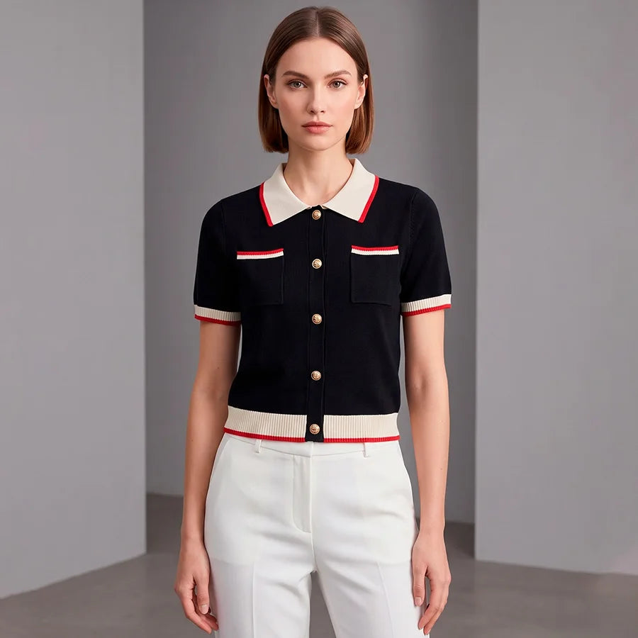 Blusa Tipo Polo De Tejido De Punto Con Botones Y Bolsillos Elegante Casual