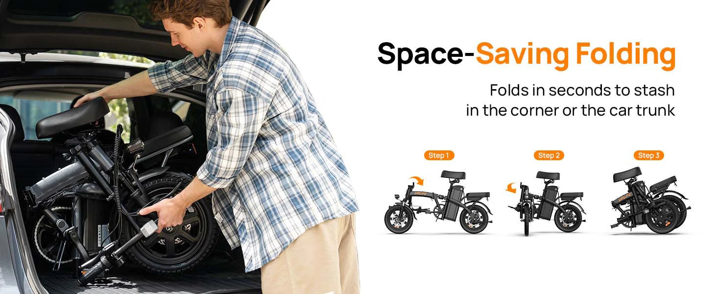 Urlife E-Bike 14 pulgadas plegable 500W 48V 7.5Ah extraíble y carga rápida 40 millas suspensión delantera hidráulica frenos de disco duales Naviga