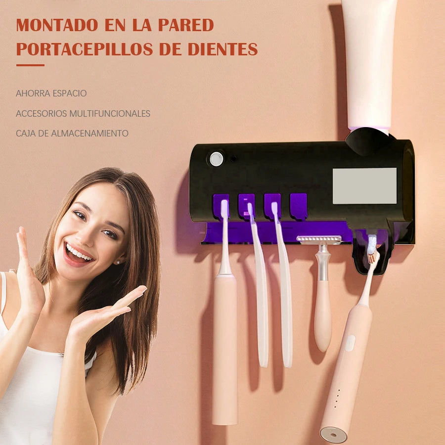 1 soporte de cepillo de dientes de pared con distribuidor automático de pasta de dientes de gas, se puede instalar sin perforación, accesorio de baño multifuncional, ahorro de espacio